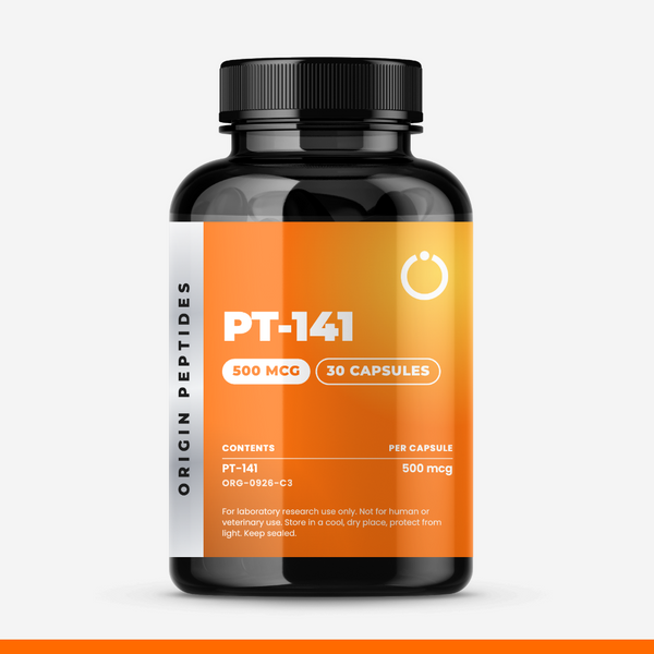 Origin Peptides PT-141 Capsules 500mcg 30 Capsules, product bottle on white