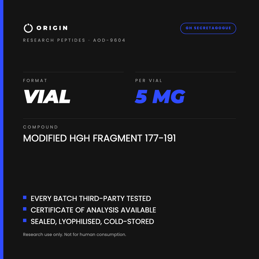 Origin Peptides AOD-9604 5mg Vial, format, contents and storage card