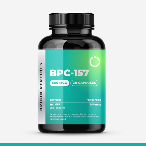Origin Peptides BPC-157 Capsules 500mcg 30 Capsules, product bottle on white