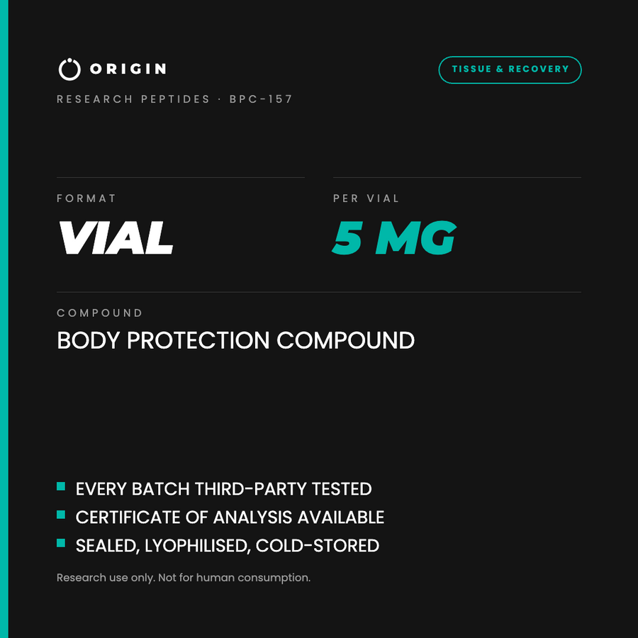 Origin Peptides BPC-157 5mg Vial, format, contents and storage card