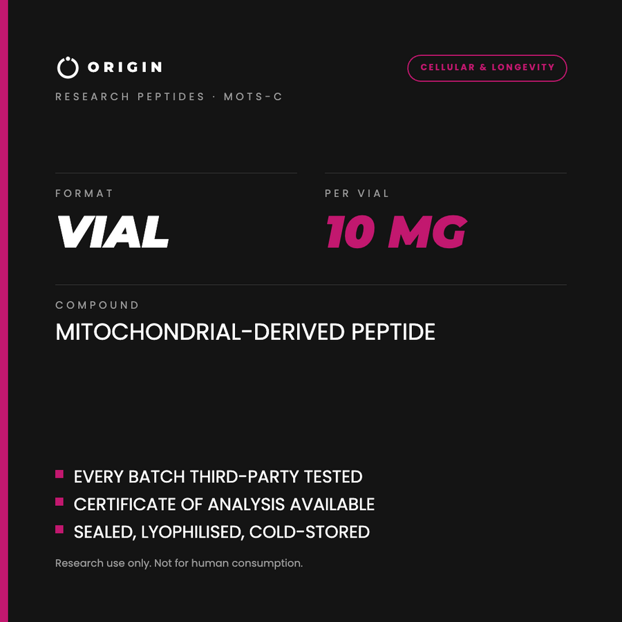 Origin Peptides MOTS-c 10mg Vial, format, contents and storage card