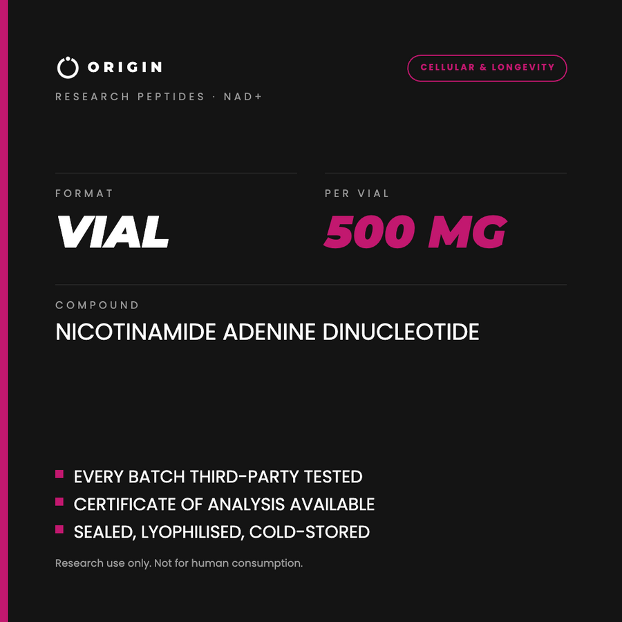 Origin Peptides NAD+ 500mg Vial, format, contents and storage card