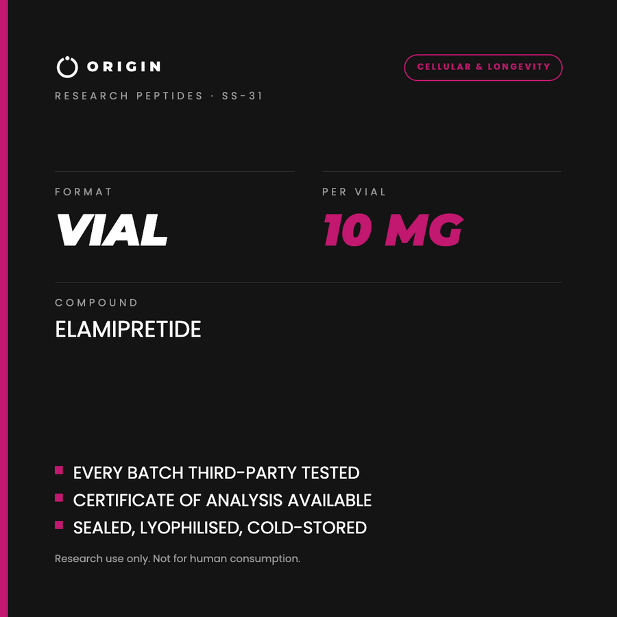 Origin Peptides SS-31 10mg Vial, format, contents and storage card