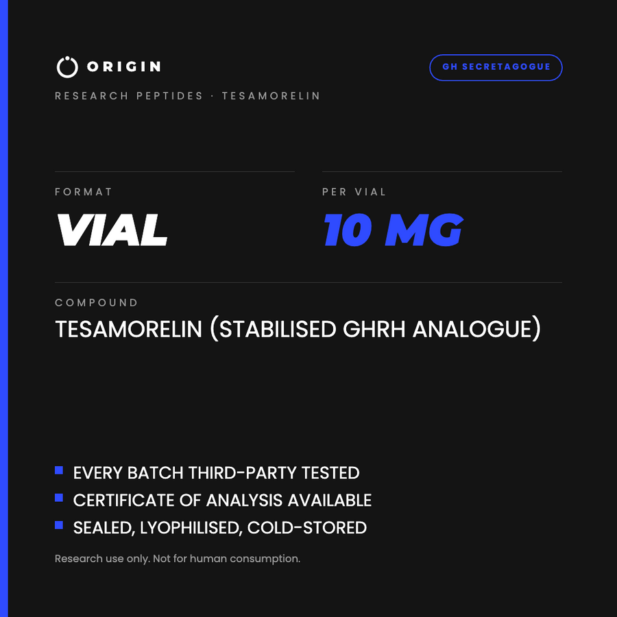 Origin Peptides Tesamorelin 10mg Vial, format, contents and storage card