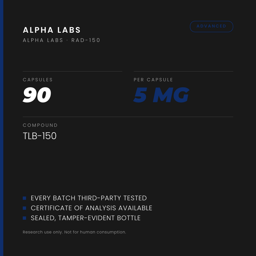 Alpha Labs TLB-150 RAD-150 5mg 90 Capsules - specification card
