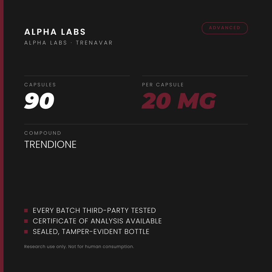 Alpha Labs Trenavar 20mg 90 Capsules - specification card